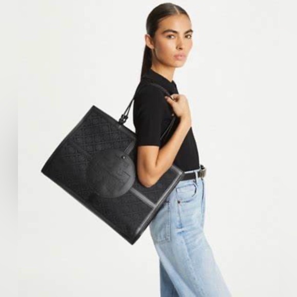 Tory Burch Black Ella T Monogram Quadrant Tote - Picture 14 of 15